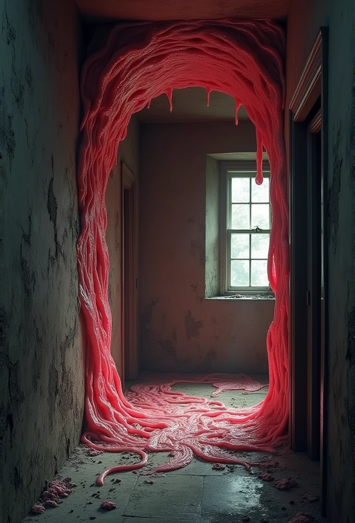 the inside of a house with pulsating flesh-like walls, nightmare 