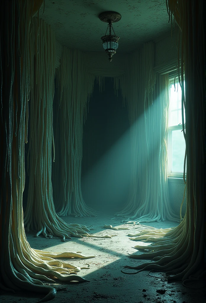 the inside of a house with pulsating flesh-like walls, nightmare