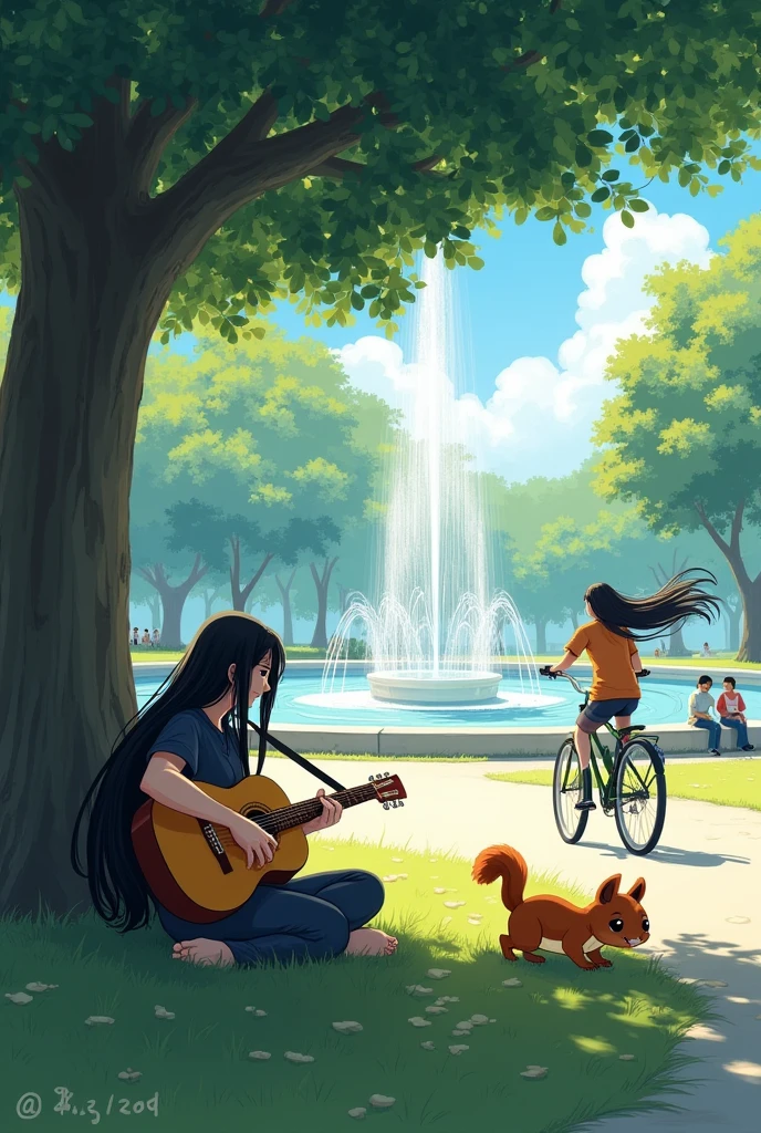 THE WHOLE IMAGE MUST BE REALISTIC, NOT ANIMATED, The image shows a scene in a park during a sunny day.. Spotlight, A person is seen sitting under a tree, playing a guitar. The person's back is turned, with long dark hair, which adds a relaxed touch to the scene. On the right, another person rides a bicycle, also with long hair, heading towards the bottom of the image.
In the background, a water fountain stands out, with jets rising into the air, and several people walking or resting in the park. on the floor, near the person with the guitar, There are two squirrels with fluffy tails, who appear to be exploring the area.
The image has a calm and serene atmosphere, with the green of the trees and the grass contrasting with the light tones of the people's clothes and the water in the fountain. This description should help you recreate it in an AI.
