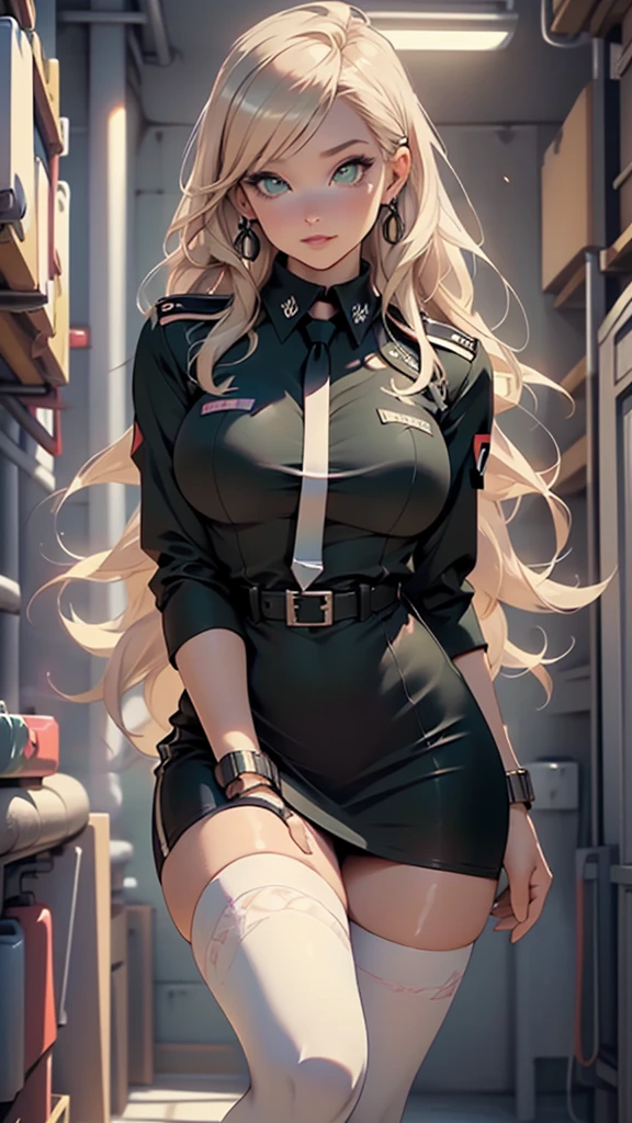 8K(Anime style face:1.5 )woman,Huge boobs,very red lips,Big Ass,Thin waist long legs,Green Eyes, Emphasis on huge breasts,Greenish blue eyes blonde (Police Officer,mini skirt), The face we're looking for,8K(A kind smile)Pole Dance Room:1.3 (Purple light-up)The facial expression is good,Naughty,(Your clothes are torn:1.5),,A soft smile with slightly red cheeks