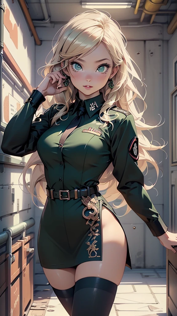 1girl,
(large breasts:1.4),((((long hair, blonde hair)))),(((green_eyes:1.3))),intricate eyes,beautiful detailed eyes,symmetrical eyes,,((((lustrous skin:1.5,tanned skin,bright skin: 1.5,skin tanned,shiny skin,very shiny skin,shiny body,Reflective skin)))),(bimbo,spider lower abdomen,narrow waist,wide hip,athletic body,inflated legs,thick thighs,(detailed face)),beautiful detailed lips,
cute,slutty,sensual,seductive look,seductive,((erotic)),opulent,sumptuous,((nsfw)),
((zettai ryouiki, black tie, collared dress,black military uniform)),
(dynamic pose:1.3), looking at viewer,happy,centered,scale to fit dimensions,Rule of thirds,
indoor((Nazi bunker,room, dark bunker, swastika,depths of a steampunk bunker)),scenery:1.25,((intricate scenery)),
(Glossy steampunk ornaments),highres,sharp focus,(ultra detailed,extremely detailed),(photorealistic artwork:1.37),(extremely detailed CG unity 8k wallpaper),(((vibrant colors,vibrant theme))),(intricate),(masterpiece),(best quality),artistic photography,(photography taken by sldr),(intricate background),perfect rendered face,perfect face details,realistic face,photo realistic,((intricate detail)),(((realism))),