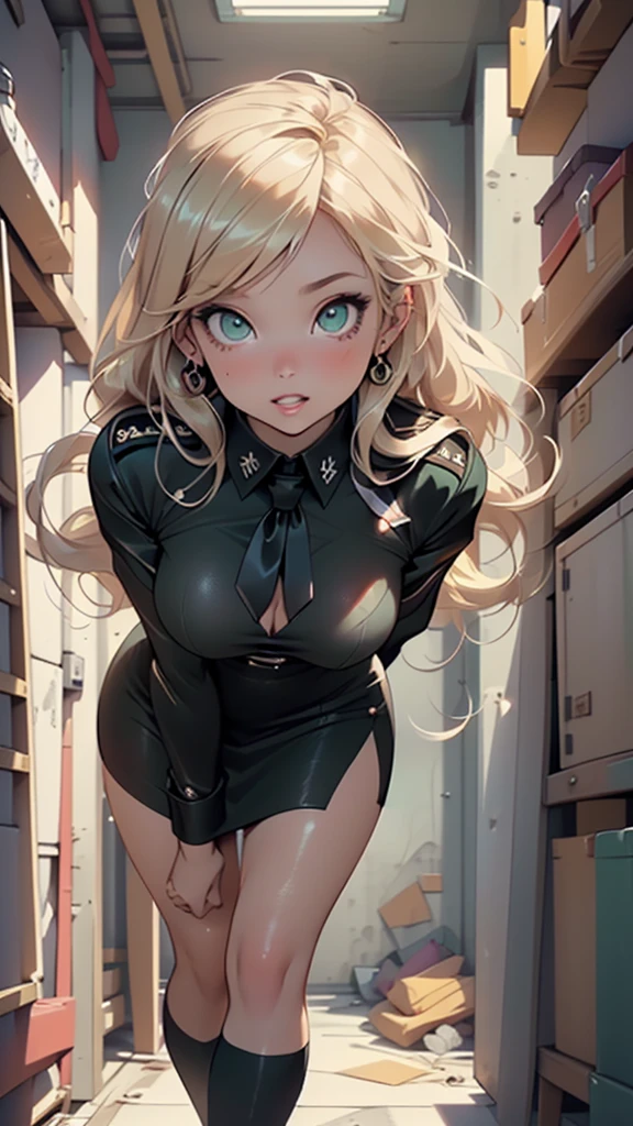 1girl,
(large breasts:1.4),((((long hair, blonde hair)))),(((green_eyes:1.3))),intricate eyes,beautiful detailed eyes,symmetrical eyes,,((((lustrous skin:1.5,tanned skin,bright skin: 1.5,skin tanned,shiny skin,very shiny skin,shiny body,Reflective skin)))),(bimbo,spider lower abdomen,narrow waist,wide hip,athletic body,inflated legs,thick thighs,(detailed face)),beautiful detailed lips,
cute,slutty,sensual,seductive look,seductive,((erotic)),opulent,sumptuous,((nsfw)),
((zettai ryouiki, black tie, collared dress,black military uniform)),
(dynamic pose:1.3), looking at viewer,happy,centered,scale to fit dimensions,Rule of thirds,
indoor((Nazi bunker,room, dark bunker, swastika,depths of a steampunk bunker)),scenery:1.25,((intricate scenery)),
(Glossy steampunk ornaments),highres,sharp focus,(ultra detailed,extremely detailed),(photorealistic artwork:1.37),(extremely detailed CG unity 8k wallpaper),(((vibrant colors,vibrant theme))),(intricate),(masterpiece),(best quality),artistic photography,(photography taken by sldr),(intricate background),perfect rendered face,perfect face details,realistic face,photo realistic,((intricate detail)),(((realism))),