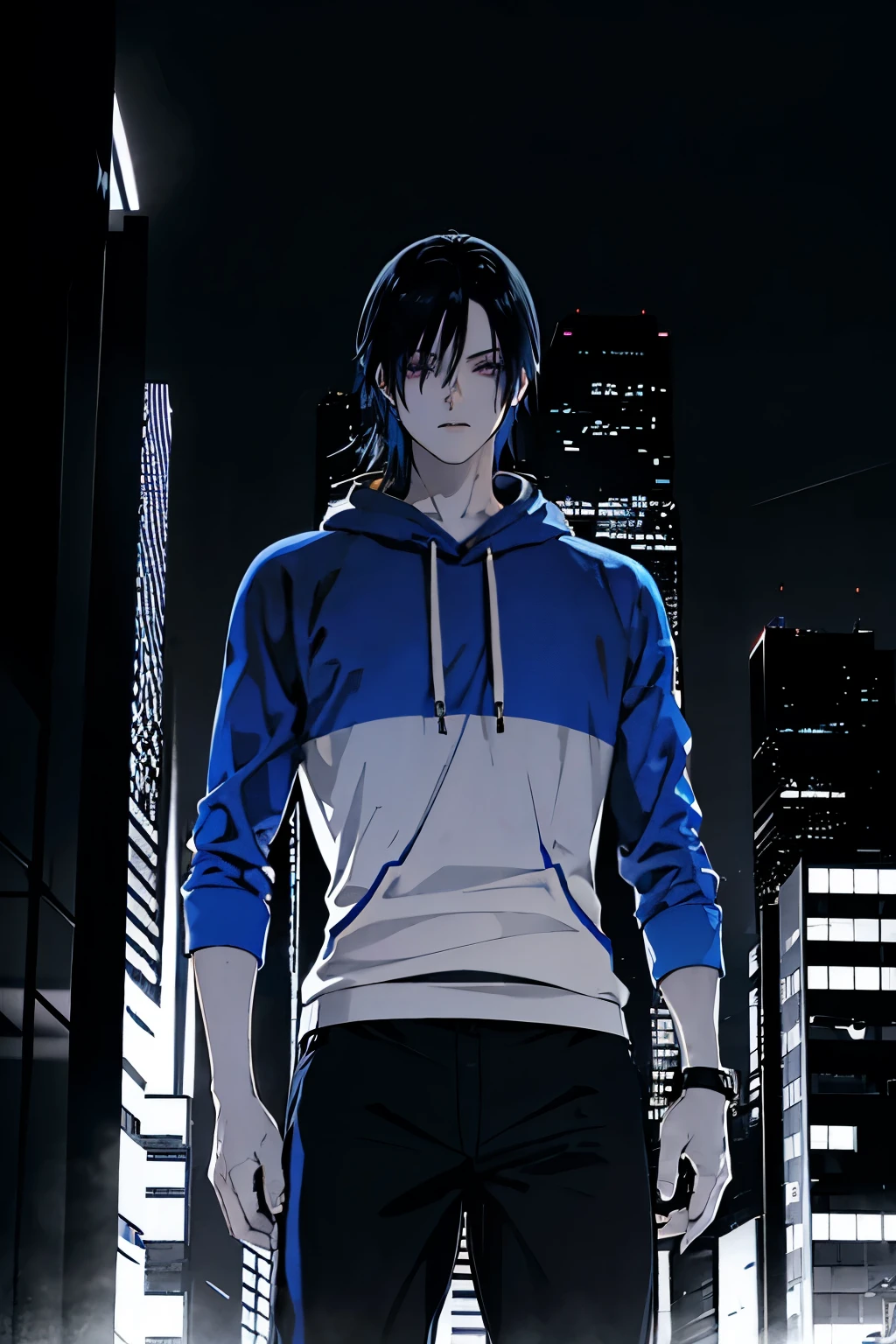 a man with straight black hair with a blue streak, wearing grey pants and a t-shirt with manga graphics, also wearing a black hoodie, slender build with sharp facial features and deep purple eyes, standing in a modern cityscape of tokyo, intricate details, highly detailed, realistic, 8k, HDR, photo-realistic, cinematic lighting, dynamic composition, neon lights, skyscrapers, futuristic architecture, cyberpunk, vibrant colors
