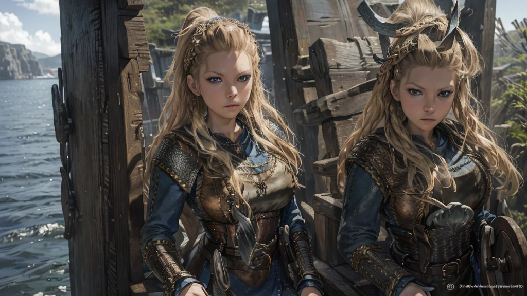 Full body viking girl, in a Viking settlement, photorealistic face, photorealistic body, long blonde hair, deep ocean blue eyes, wearing silver war bikini with golden vines for clothes, mix of armor and dress, sharp focus, details Intricate, hyperrealistic art, Realistic digital artwork, Symmetrical, photo shoot with 25mm lens, Depth of field, Tilt Blur, shutter-speed 1/1000, f/16, white balance, 32K, RGB professional photo, half rear lighting, contra-luz, dramatic lighting, soft lighting, Volumetric, , Global illumination, spreading, eyeshadows, chest uncovered, discovered back, chest uncovered, puffy breast, Rembrandt and Masamune Shirow mixed art styles