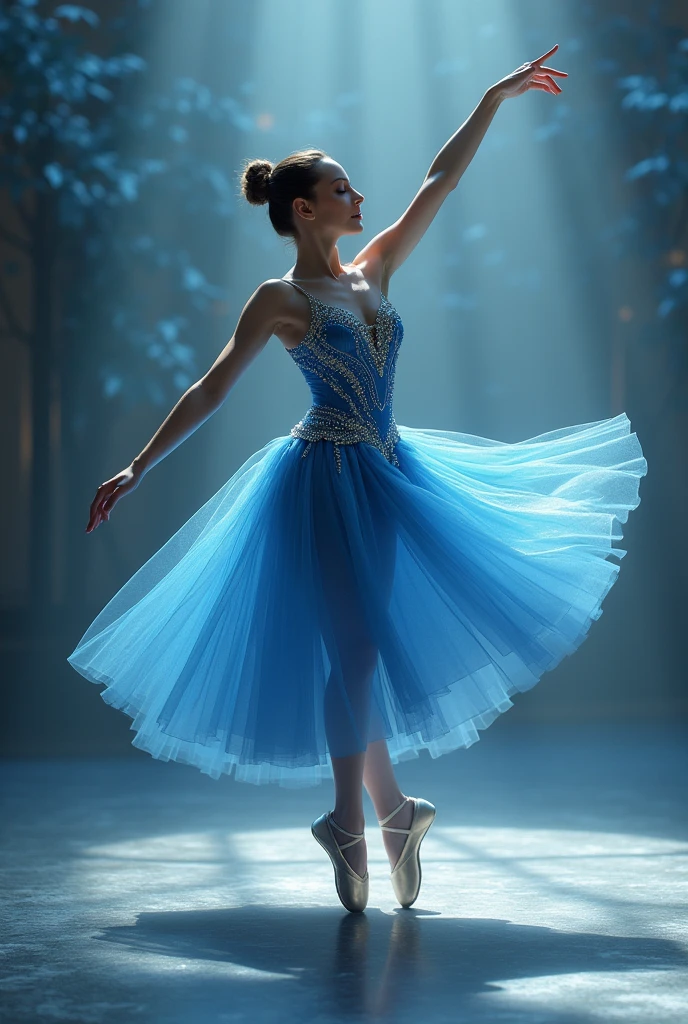 Ballerina doing ballet pose in classic blue studded outfit in beautiful light setting without dark background and with luxurious details