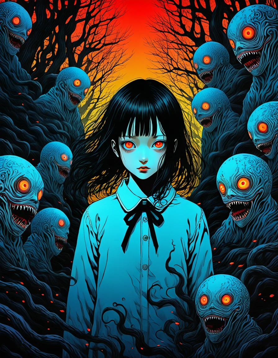 surreal horror, anime style, directed by Junji Ito, high contrast, vivid colors, eerie atmosphere, psychological tension, intricate line work, nightmarish creatures