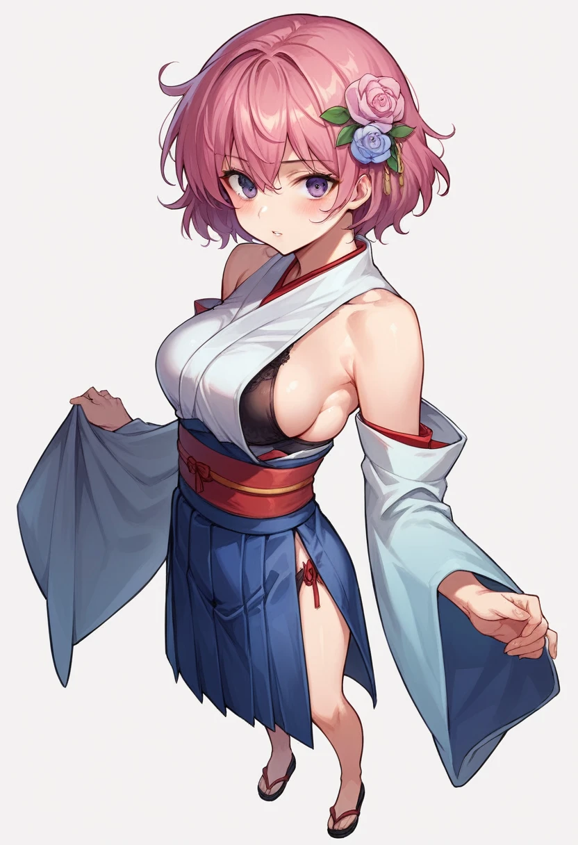 momo velia deviluke, 1girl, solo, breasts, looking at viewer, blush, short hair, bangs, skirt, simple background, hair ornament, white background, bare shoulders, medium breasts, underwear, standing, purple eyes, full body, pink hair, flower, parted lips, detached sleeves, japanese clothes, shiny, hair flower, wide sleeves, black footwear, bra, shiny hair, blue skirt, sash, cosplay, sideboob, from above, black bra, hakama, hakama skirt, hip vent, blue hakama