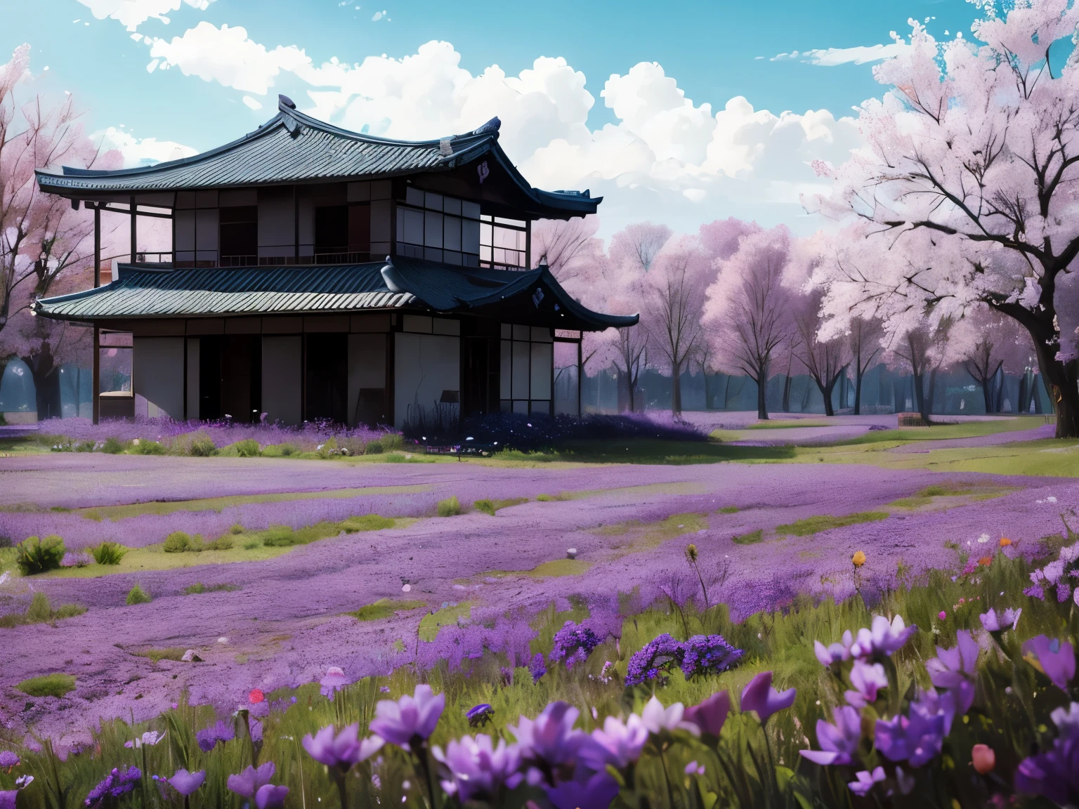 A beautiful flowers field, an almost empty purple flowers field, with green grass and poor-looking trees, with a japonese purple house that was basically destroyed, ruins of a japonese house.