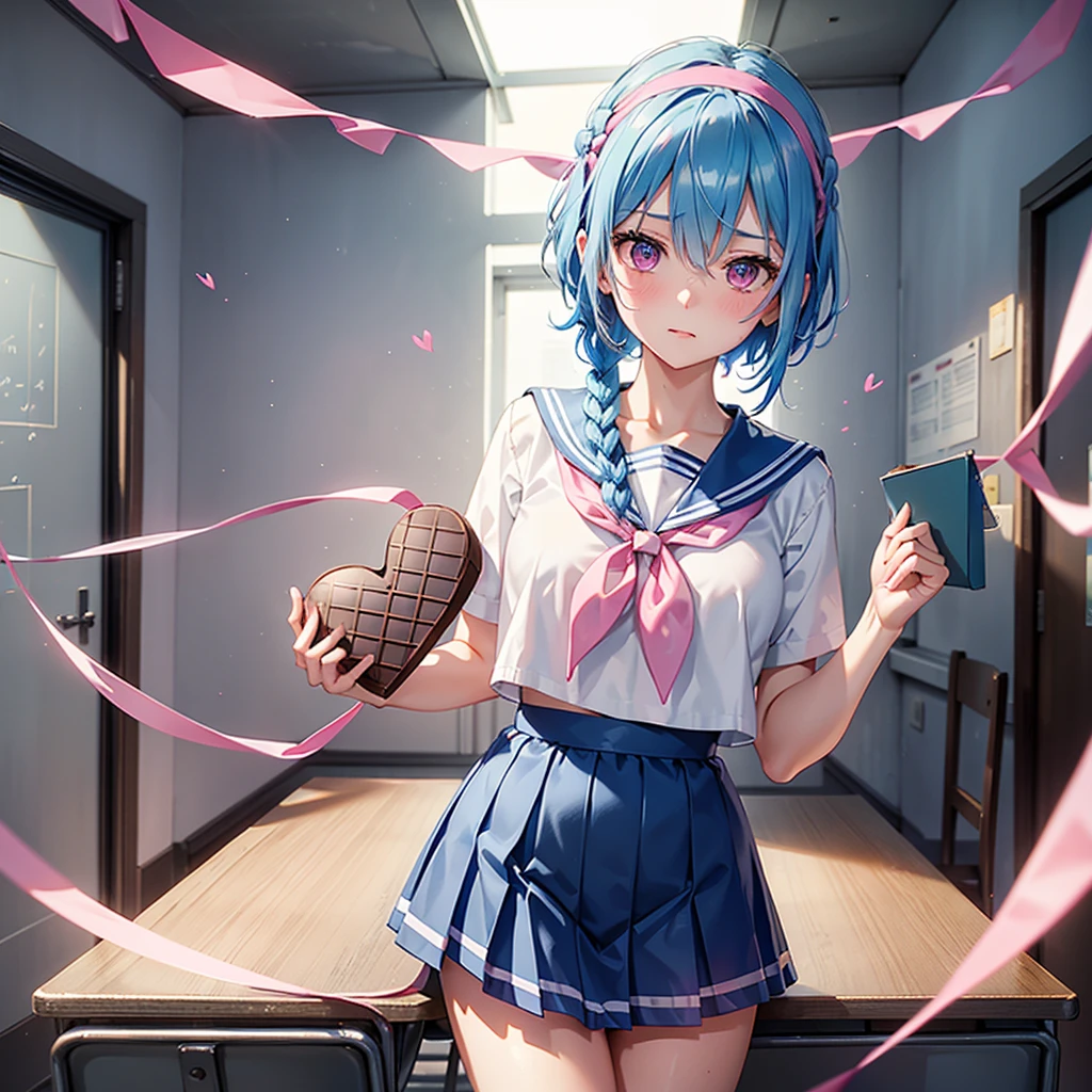 Sky blue hair,Braided short hair,Pink Eyes,Fair skin,whole body,one person,Embarrassed,The background is a school classroom,Heart lettering on a blackboard,Heart-shaped chocolate,Hand it forward with both hands,Sailor suit),valentineday,masterpiece, Highest quality, Very detailed, Best Shadow,Detailed Background,Beautifully detailed face,High Contrast,Best lighting,Very delicate and beautiful,Cinematic Light,Hyper Detail,8k,Dramatic Light, Intricate details,