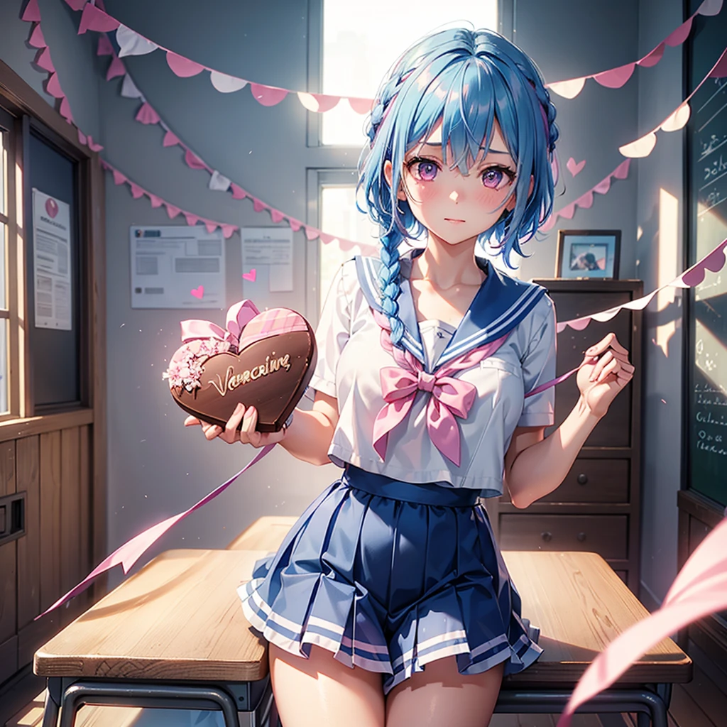 Sky blue hair,Braided short hair,Pink Eyes,Fair skin,whole body,one person,Embarrassed,The background is a school classroom,Heart lettering on a blackboard,Heart-shaped chocolate,Hand it forward with both hands,Sailor suit),valentineday,masterpiece, Highest quality, Very detailed, Best Shadow,Detailed Background,Beautifully detailed face,High Contrast,Best lighting,Very delicate and beautiful,Cinematic Light,Hyper Detail,8k,Dramatic Light, Intricate details,