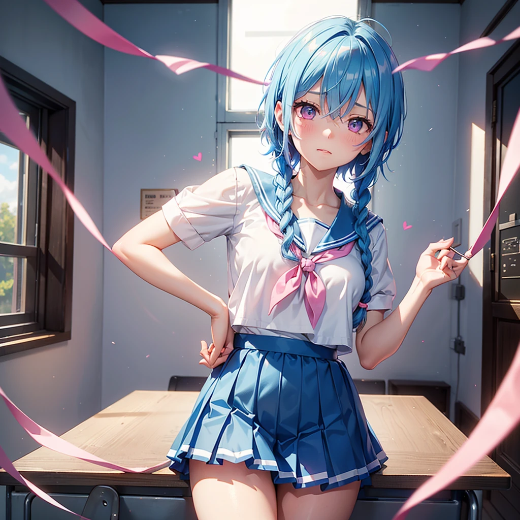 Sky blue hair,Braided short hair,Pink Eyes,Fair skin,whole body,one person,Embarrassed,The background is a school classroom,Heart lettering on a blackboard,Heart-shaped chocolate,Hand it forward with both hands,Sailor suit),valentineday,masterpiece, Highest quality, Very detailed, Best Shadow,Detailed Background,Beautifully detailed face,High Contrast,Best lighting,Very delicate and beautiful,Cinematic Light,Hyper Detail,8k,Dramatic Light, Intricate details,
