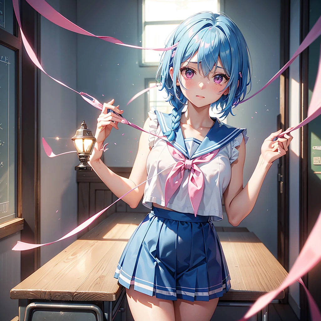 Sky blue hair,Braided short hair,Pink Eyes,Fair skin,whole body,one person,Embarrassed,The background is a school classroom,Heart lettering on a blackboard,Heart-shaped chocolate,Hand it forward with both hands,Sailor suit),valentineday,masterpiece, Highest quality, Very detailed, Best Shadow,Detailed Background,Beautifully detailed face,High Contrast,Best lighting,Very delicate and beautiful,Cinematic Light,Hyper Detail,8k,Dramatic Light, Intricate details,