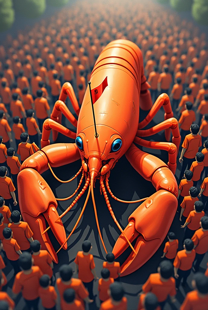 Drawing of a prawn with a flag in the middle of a crowd of people wearing orange shirts 