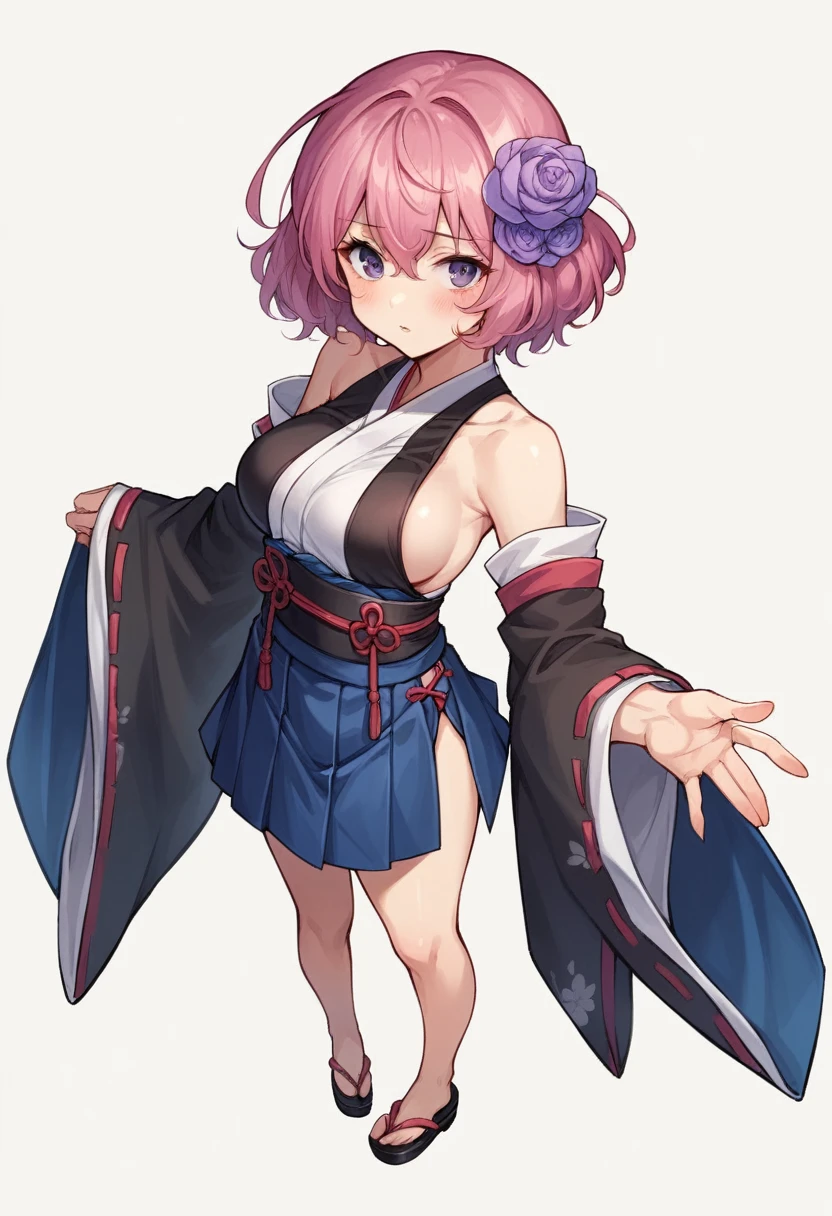 momo velia deviluke, 1girl, solo, breasts, looking at viewer, blush, short hair, bangs, skirt, simple background, hair ornament, white background, bare shoulders, medium breasts, underwear, standing, purple eyes, full body, pink hair, flower, parted lips, detached sleeves, japanese clothes, shiny, hair flower, wide sleeves, black footwear, bra, shiny hair, blue skirt, sash, cosplay, sideboob, from above, black bra, hakama, hakama skirt, hip vent, blue hakama
