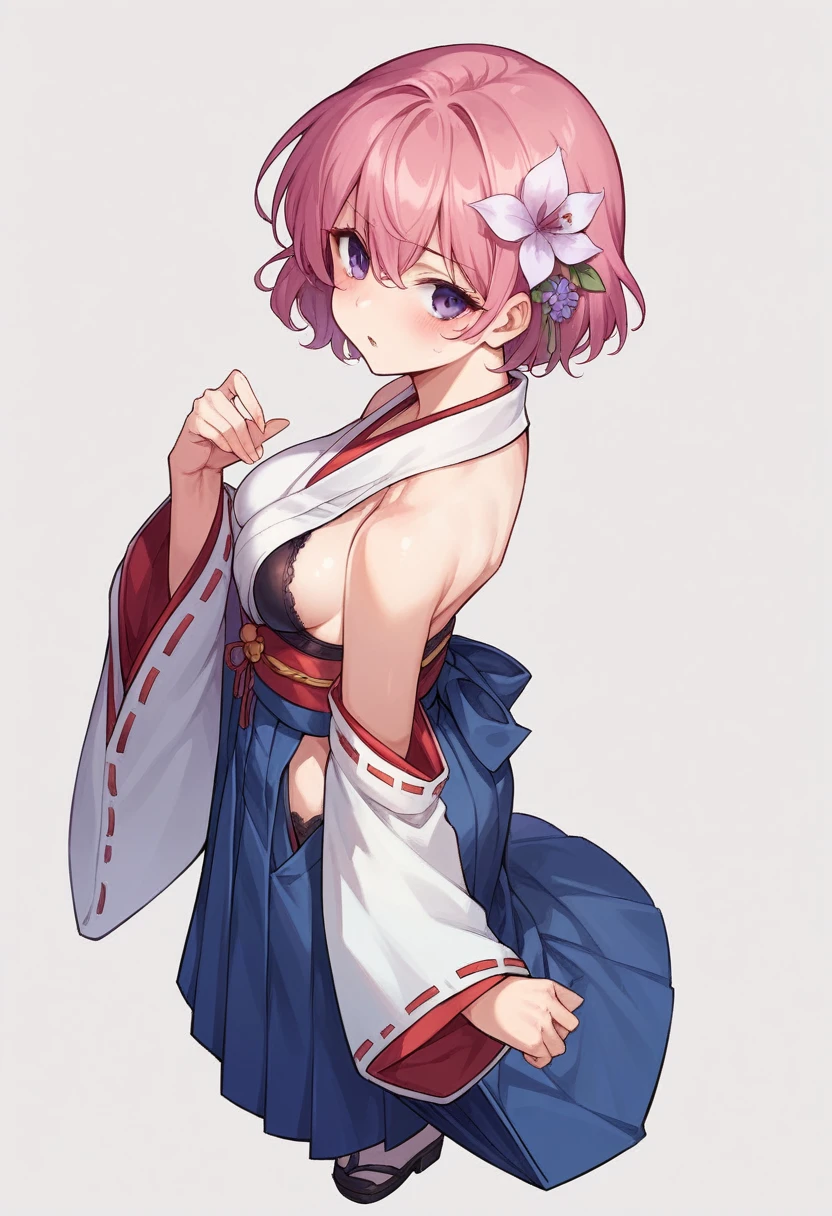 momo velia deviluke, 1girl, solo, , looking at viewer, blush, short hair, bangs, skirt, simple background, hair ornament, white background, bare shoulders, medium breastswear, standing, purple eyes, full body, pink hair, flower, parted lips, detached sleeves, japanese clothes, shiny, hair flower, wide sleeves, black footwear, bra, shiny hair, blue skirt, sash, cosplay, sideboob, from above, black bra, hakama, hakama skirt, hip vent, blue hakama
