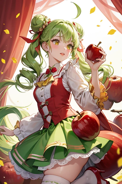 Blossom Apples has a light complexion with green and yellow eyes, peach lips and blush, and gold eye-shadow. Her long green hair is pulled up into tightly curled drill twin-tails held with a bun on the top and decorated with red apples, one of which has flowers. She wears a chartreuse top with a white vest and yellow ribbon at the middle adorned by a tiny red apple, and a white scalloped skirt covered in a red apple pattern, each with a tiny white heart on the corner. Her green shoes have an apple etched on the toe with two gold seeds and a chartreuse sole. They are paired with leg warmers with a ribbon matching the one on her top attached to the bottom. SPARKLE; GLITTER