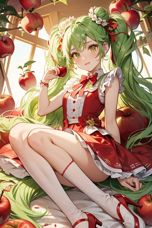 Blossom Apples has a light complexion with green and yellow eyes, peach lips and blush, and gold eye-shadow. Her long green hair is pulled up into tightly curled drill twin-tails held with a bun on the top and decorated with red apples, one of which has flowers. She wears a chartreuse top with a white vest and yellow ribbon at the middle adorned by a tiny red apple, and a white scalloped skirt covered in a red apple pattern, each with a tiny white heart on the corner. Her green shoes have an apple etched on the toe with two gold seeds and a chartreuse sole. They are paired with leg warmers with a ribbon matching the one on her top attached to the bottom. SPARKLE; GLITTER