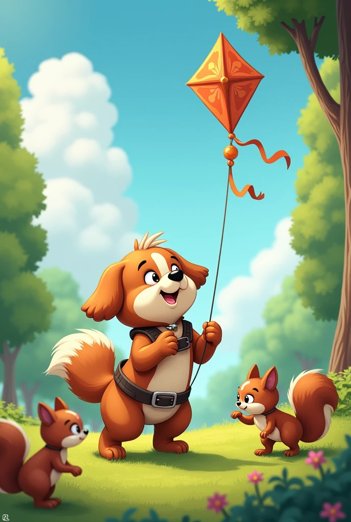 dog talking to squirrels while flying kite 