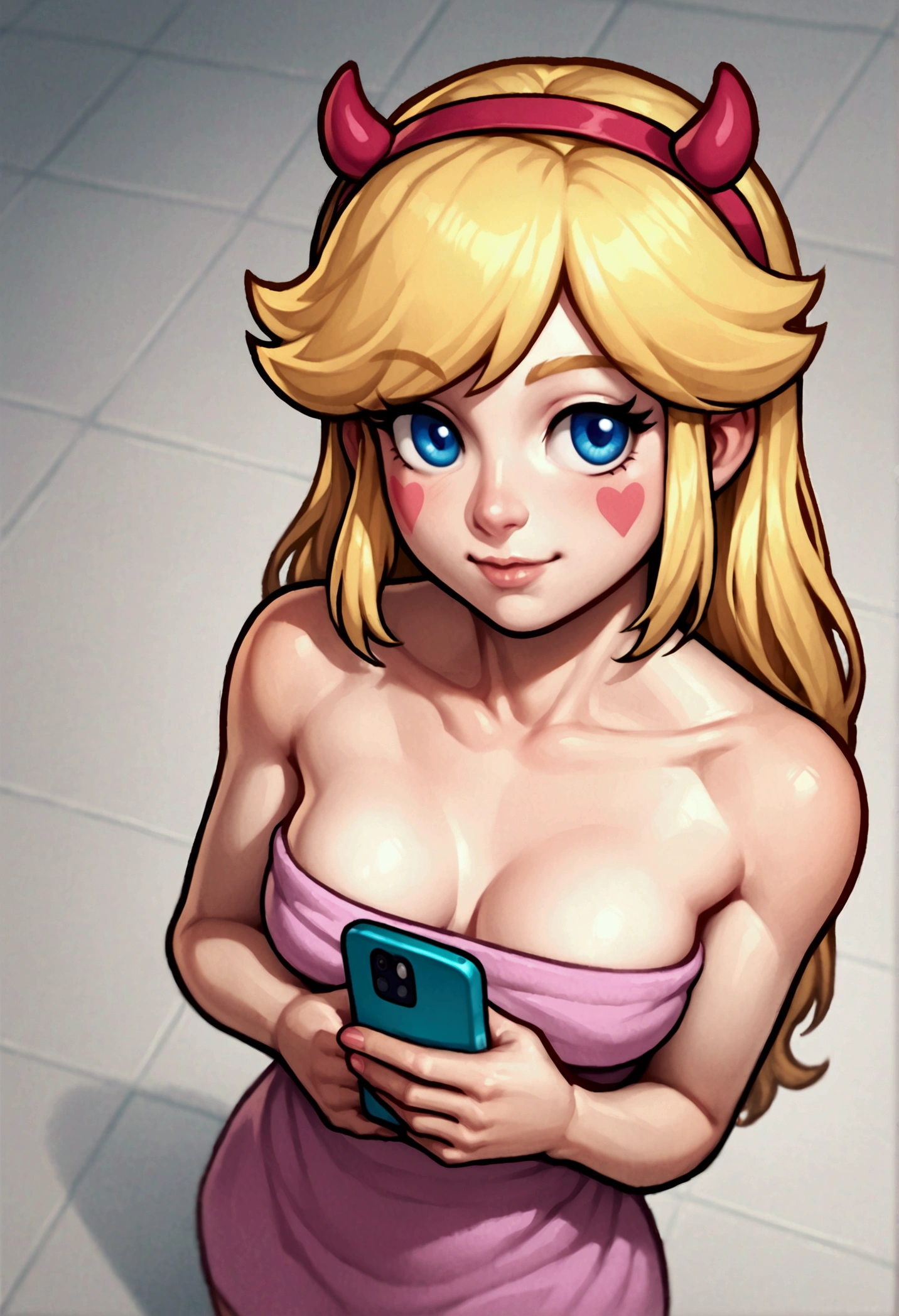 score_9_presence, score_8_above, star butterfly, wrapped in towel, medium breasts, holding the phone