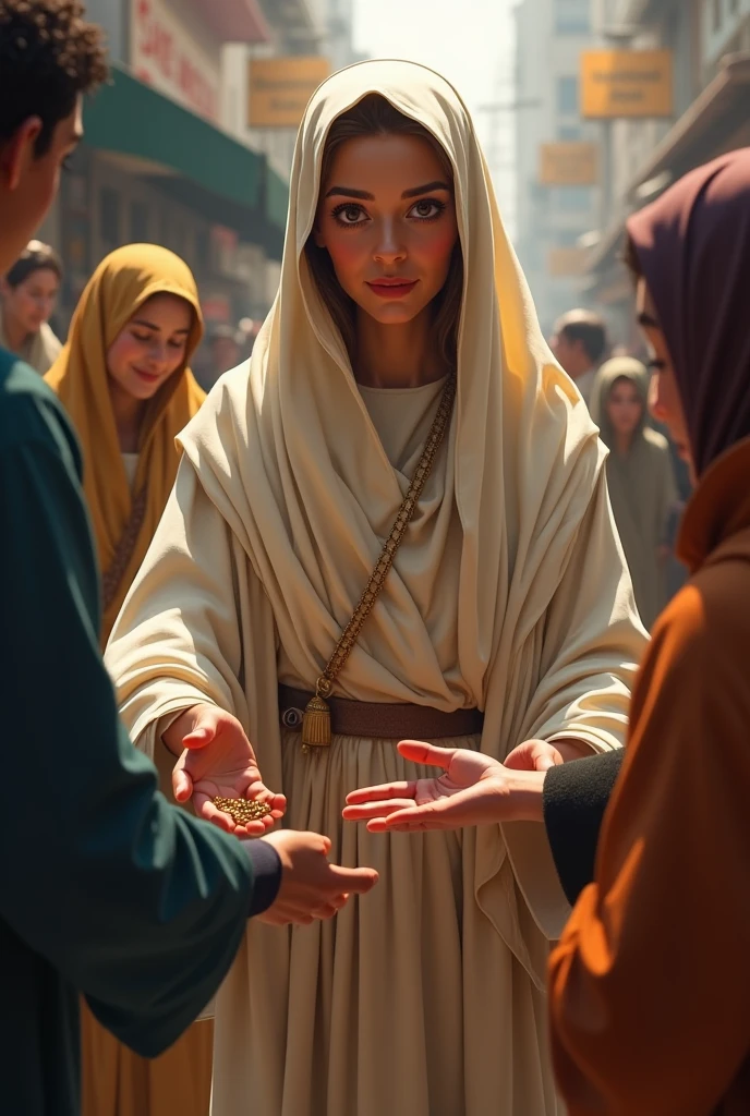 Create a woman giving alms