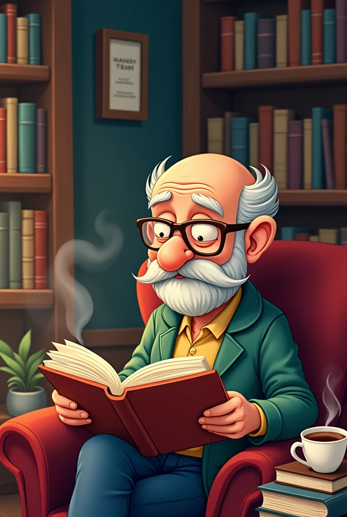 A bald senior man sitting and reading books in a cartoon