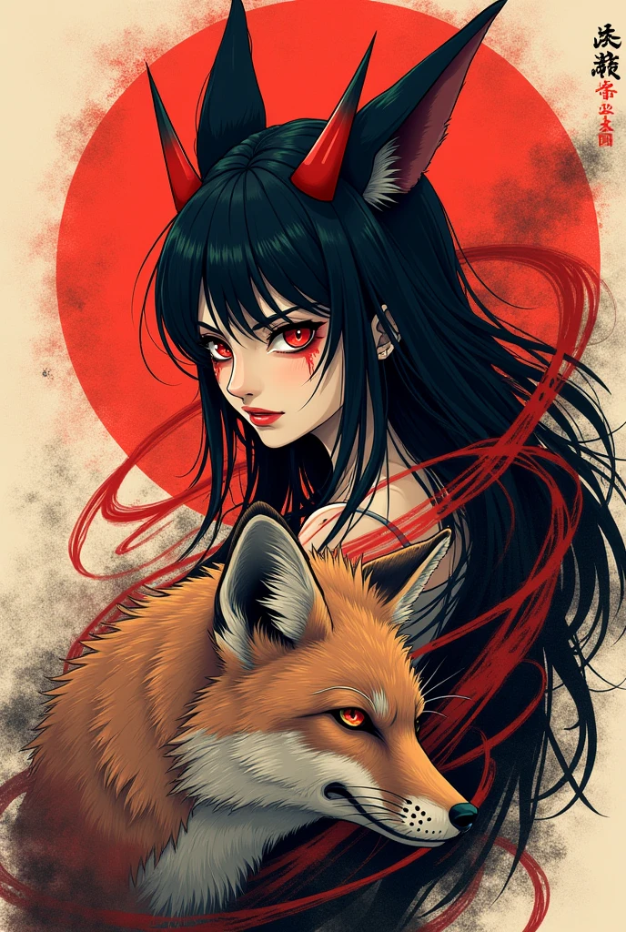 Could you create an anime-like image for a tattoo of an oni woman who is transforming into a woman?, with small horns and a fox next to it and red lines wrapped around it