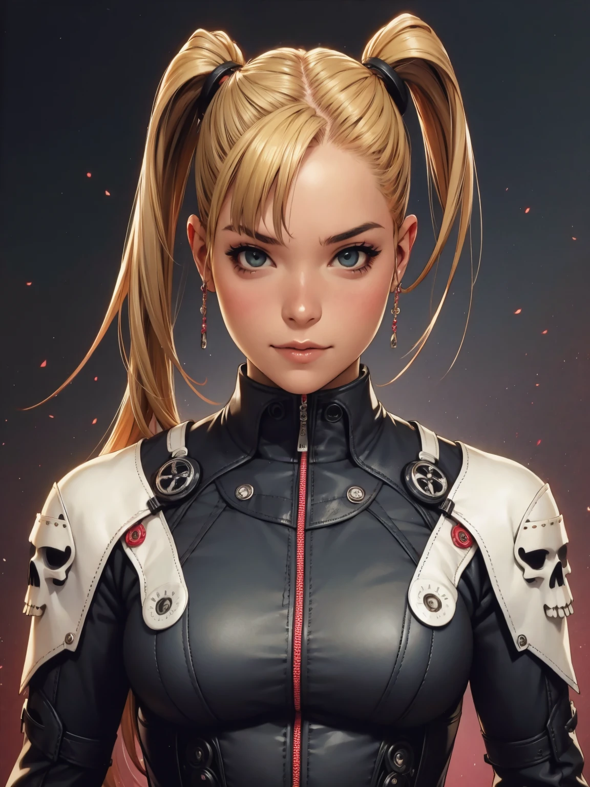 A very cute and wicked girl at the same time, biker clothes, Motorcycle of the future, Tokyo of the future, blonde, ponytails hair, cyberpunk biker jumpsuit, holding a skull shaped helmet, in the background a futuristic city with futuristic skyscrapers, tight clothing, intricate visual