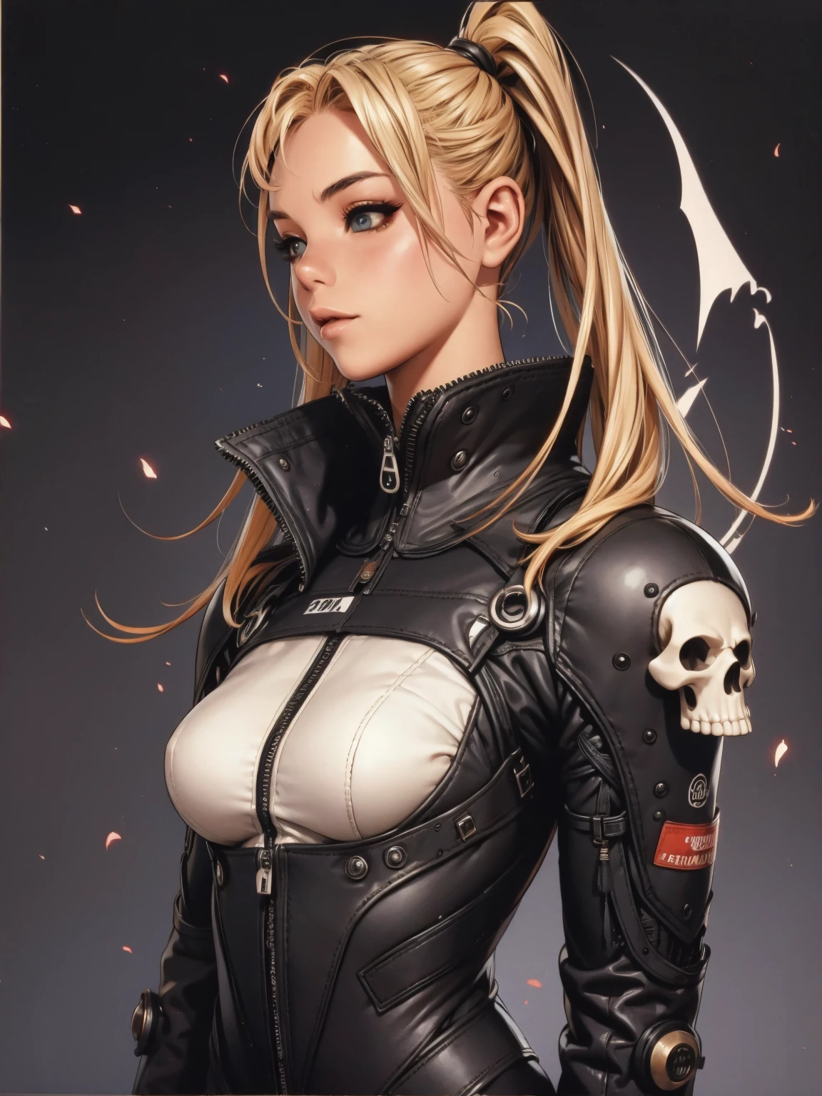 A very cute and wicked girl at the same time, biker clothes, Motorcycle of the future, Tokyo of the future, blonde, ponytails hair, cyberpunk biker jumpsuit, holding a skull shaped helmet, in the background a futuristic city with futuristic skyscrapers, tight clothing, intricate visual