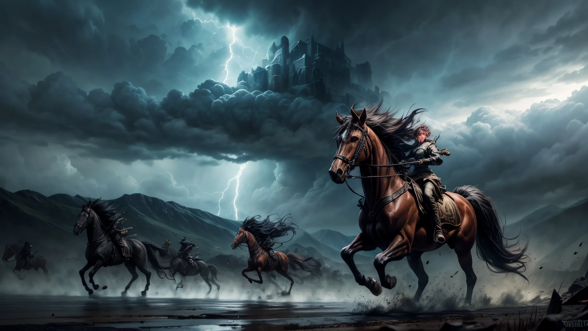Prompt 2: The Charge into Battle
Description: A vast battlefield under a stormy sky, with lightning cracking through dark clouds. The guild members of "La Danse Macabre" are charging forward with fierce determination. Their banners wave in the wind, and their weapons gleam with magical energy. In the background, you can see distant mountains and the ruins of a fallen fortress. The ground is littered with the remnants of previous battles—broken swords, shattered shields, and fallen banners. The scene is dynamic and full of energy, capturing the intensity and chaos of battle. Fire and explosions illuminate the scene, giving it a dramatic and powerful feel.
Style: Epic, dynamic action, dark fantasy, high contrast.