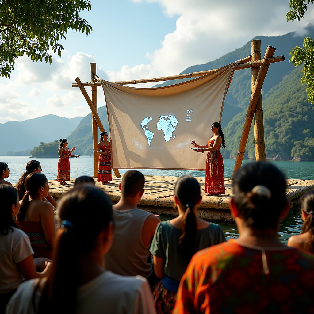 Photo d une conférence sur une plateforme de bambou flottante sur le lac atitlan. Une femme en costume traditionnel commante des projections de déchet sur écran de tissu tendu sur une structure architectural de bambou. En premier plan le public en habit Maya qui regarde a terre