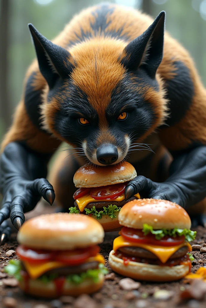 A wolverine eating hamburgers 