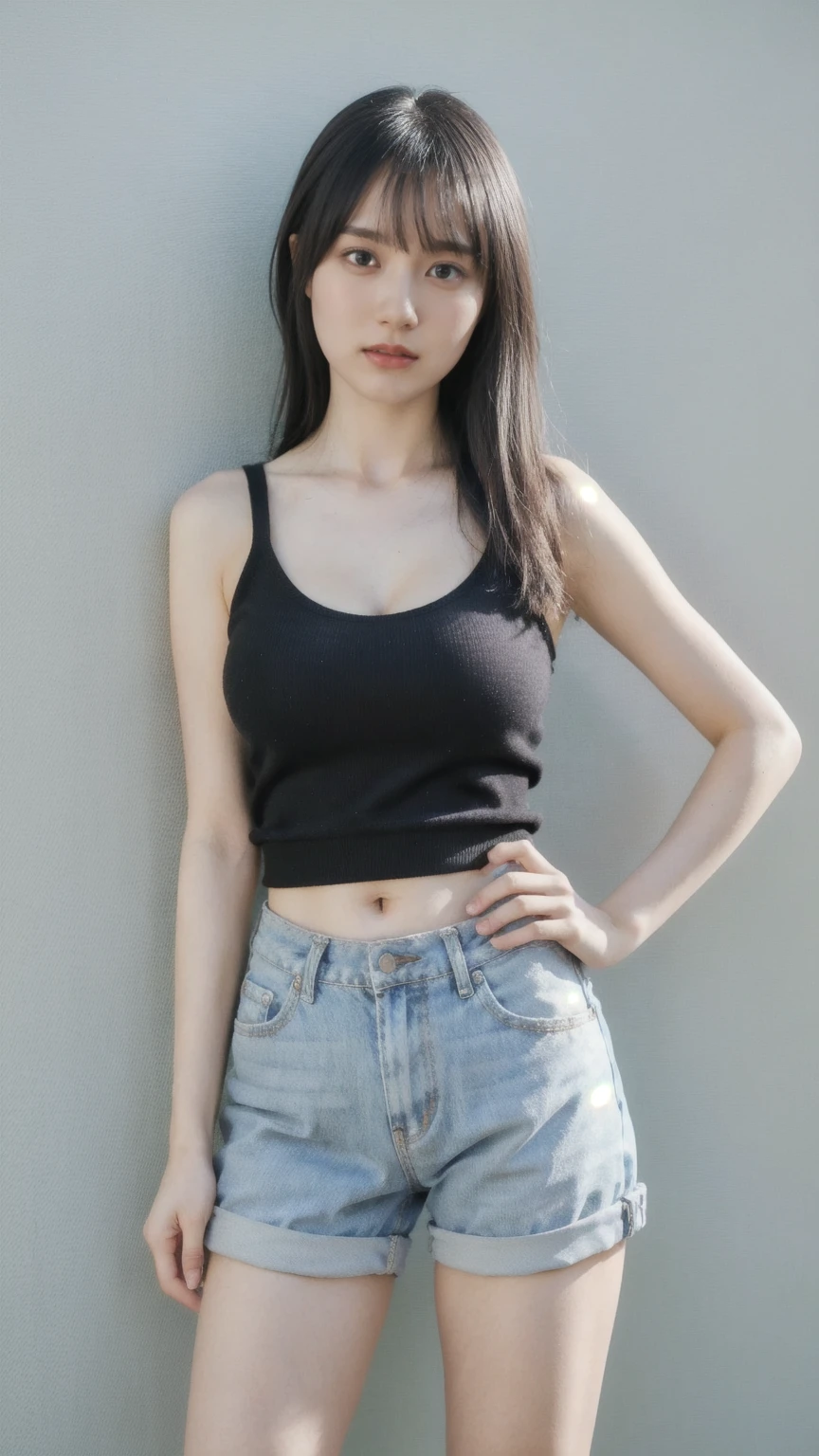 ((1girl)), woman, masterpiece, best quality, highest quality, cinematic lighting, (volumetric lighting), extremely detailed CG unity 8k wallpaper, focused, 8k wallpaper, extremely detailed, ultra realistic, photorealistic, sharp focus, absurdres, (HDR:1.2), (high contrast), photograph, detailed and intricate, instagram, portrait, highly detailed, digital painting, artstation, concept art, smooth, sharp focus, illustration, cinematic lighting, (big breast:1.3), (((skinny, slim legs))), (japanese idol posture), (knit strap tanktop, mini skirt, open shoulder, open chest, cleavage), looking at the viewer, (I don't see arms)), ((Standing)), ((Medium body shot, hip level shot)), long hair, ((leaning on a wall)), beautiful eyes.