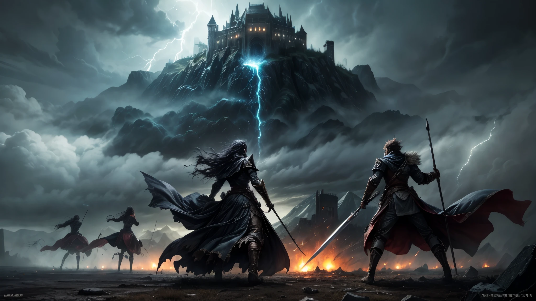 Prompt 2: The Charge into Battle
Description: A vast battlefield under a stormy sky, with lightning cracking through dark clouds. The guild members of "La Danse Macabre" are charging forward with fierce determination. Their banners wave in the wind, and their weapons gleam with magical energy. In the background, you can see distant mountains and the ruins of a fallen fortress. The ground is littered with the remnants of previous battles—broken swords, shattered shields, and fallen banners. The scene is dynamic and full of energy, capturing the intensity and chaos of battle. Fire and explosions illuminate the scene, giving it a dramatic and powerful feel.
Style: Epic, dynamic action, dark fantasy, high contrast.