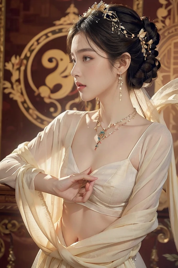 (((best quality))),(((ultra detailed))),(((masterpiece))),illustration,((1 beautiful girl,solo)),((earrings,necklace)),((slim,thin)),((small breasts,flat chest)), (white traditional sheer attire:1.3), real-life television style, Dunhuang culture, graceful beauty, ethereal lighting effects, intricate updo, soft rounded cheeks, captivating gaze, vibrant murals, dance-like mural, swirl of light, stardust, enchanting ambiance,((from front,upper body))