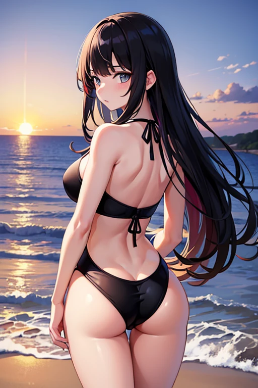 work of art, best qualityer, hanekawashorthair, 1 girl, whole body, , eyes black, multicolored hair, swimsuit wear, detailed back ground, beachfront, sunset, looking ahead at viewer 