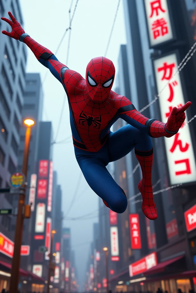 Spiderman flying around Tokyo