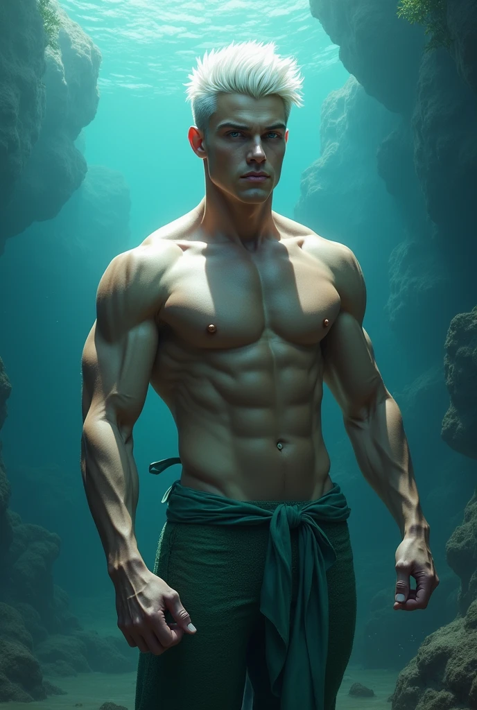 4k, high resolution, best quality, masterpiece, perfect color, perfect shade, perfect lighting, Posted by e621, ((portrait)), ((handsome man)), perfect male figure, Short hair details,chest muscles,abdominal muscles,Naked torso,merman, Detailed face, perfect face, (stood up), Detailed background, ((Bonifasco Lighting)), (delicate eyes),(),white hair, underwater scene