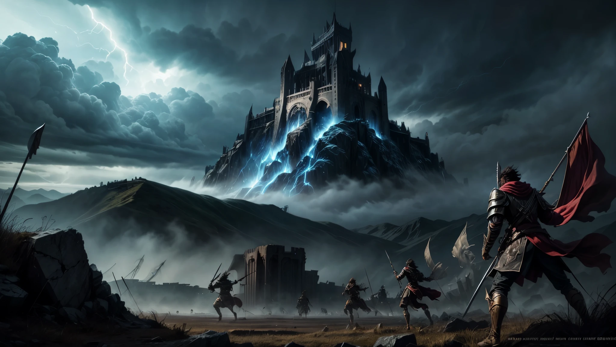 Prompt 2: The Charge into Battle
Description: A vast battlefield under a stormy sky, with lightning cracking through dark clouds. The guild members of "La Danse Macabre" are charging forward with fierce determination. Their banners wave in the wind, and their weapons gleam with magical energy. In the background, you can see distant mountains and the ruins of a fallen fortress. The ground is littered with the remnants of previous battles—broken swords, shattered shields, and fallen banners. The scene is dynamic and full of energy, capturing the intensity and chaos of battle. Fire and explosions illuminate the scene, giving it a dramatic and powerful feel.
Style: Epic, dynamic action, dark fantasy, high contrast.