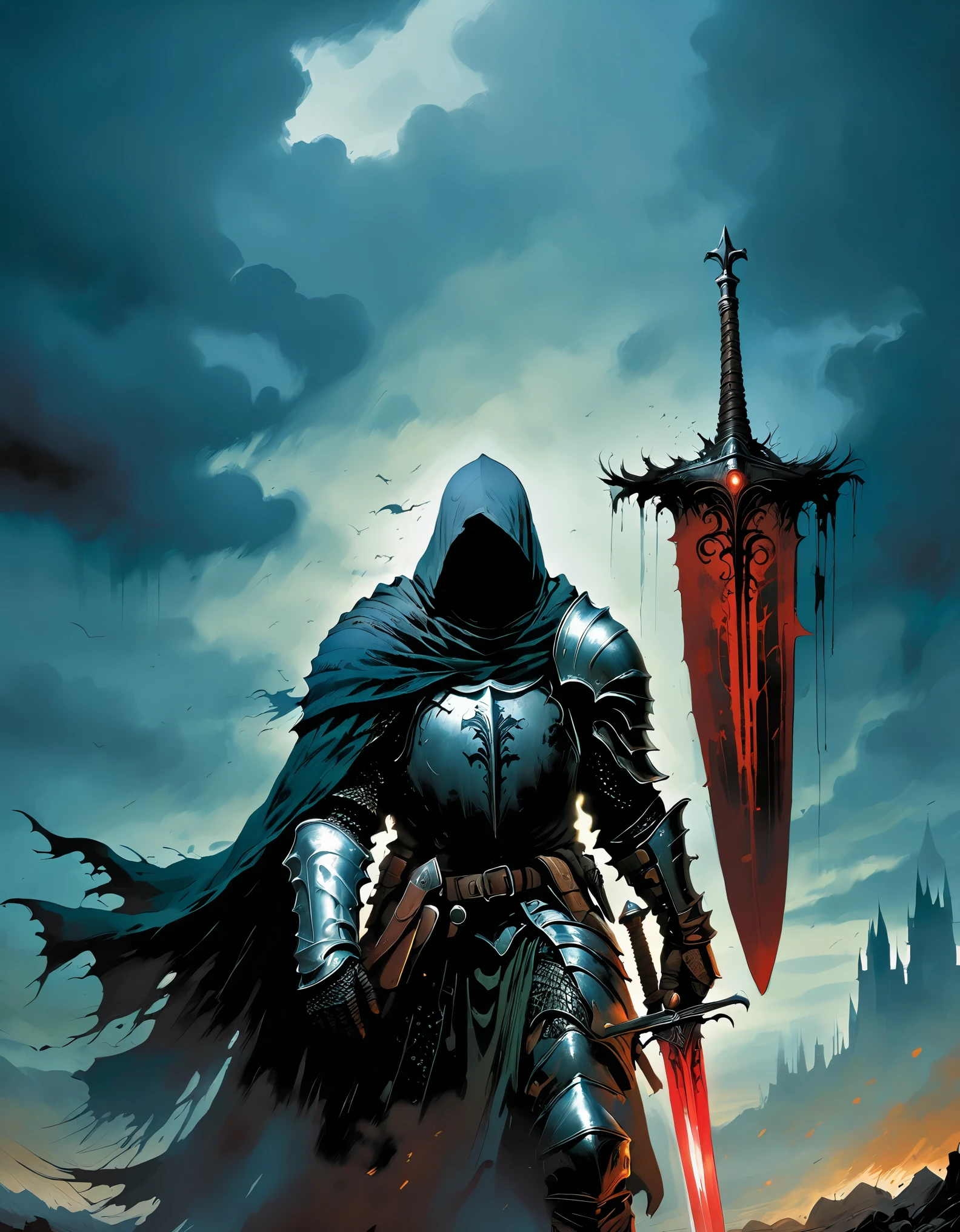 knight, dark fantasy, post-apocalyptic, directed by Guillermo del Toro, high detail, dynamic lighting, realistic shadows, digital painting, epic scale, hellish atmosphere