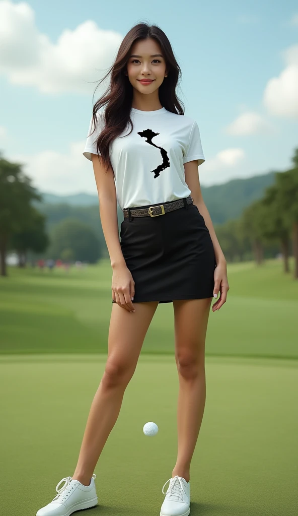 Make an Asian female model photo for a golf tournament poster, Full shot, The clothes are short skirts, sexy body, Make a golf ball in the background, Draw a map of Vietnam on a t-shirt, white golf shoes,