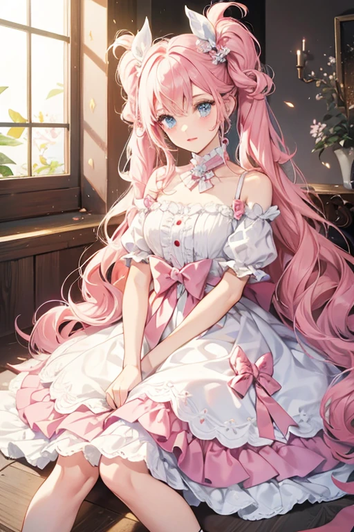 This Bridie has the same eye color and makeup, but lacks the eye-shadow and blush. Her hair is a very pale pink and worn in a curled style similar to her original, with her bangs entirely pulled to the left and combined with her forelocks to form a fancy curl that frames her face and is dyed pastel pink. Her hair ornament is the cake from the original, but combined with a big bow and frilly ribbon tails. Her white dress has a pearl blue and hot pink heart on the chest and a ribbon tied around the waist. Part of the skirt has blue pearl coloring. Her white heels have ankle straps and a ribbon on the back. SPARKLE; GLITTER