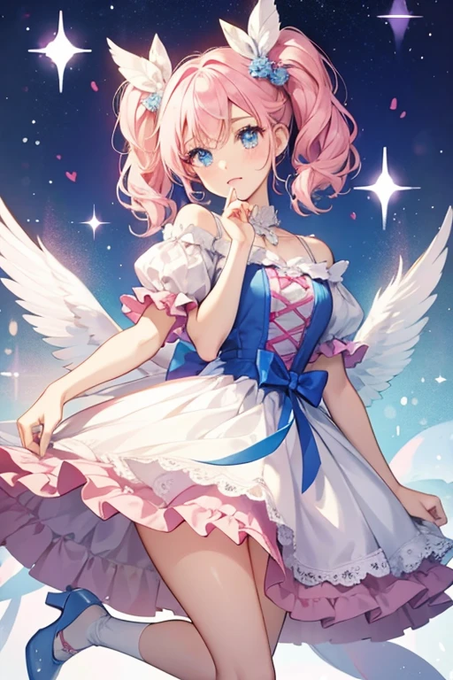 This Bridie has the same eye color and makeup, but lacks the eye-shadow and blush. Her hair is a very pale pink and worn in a curled style similar to her original, with her bangs entirely pulled to the left and combined with her forelocks to form a fancy curl that frames her face and is dyed pastel pink. Her hair ornament is the cake from the original, but combined with a big bow and frilly ribbon tails. Her white dress has a pearl blue and hot pink heart on the chest and a ribbon tied around the waist. Part of the skirt has blue pearl coloring. Her white heels have ankle straps and a ribbon on the back.  SPARKLE; GLITTER