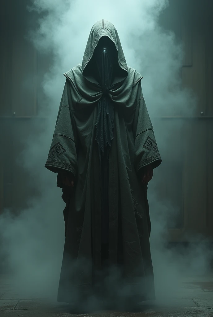 Quasi-bolo with a handkerchief or piece of cloth over the mouth and nose, to avoid inhaling smoke. In the background, Smoke is seen entering the room. in2 d