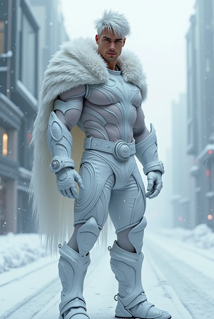  Full body photorealistic handsome hunky masculine Legion white messy haired fractal white skinned Jack Frost,,unreal engine, extremely attractive male wearing white scales transparent mesh latex spandex,, with belt and gloves,, extremely masculine physique, intricately detailed, super bulge, realistic skin, short tousled hair, futuristic snowy city as background