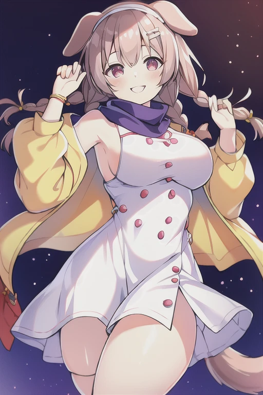 Korone, smile, dog ears, dog tail, twin braids, sidelocks, hair ornament, ((white dress)), yellow jacket, dress, jacket, open clothes, open jacket, short dress, sleeveless dress, large breasts, thick thighs, wide hips, mature female, bandana, scarf, hourglass figure