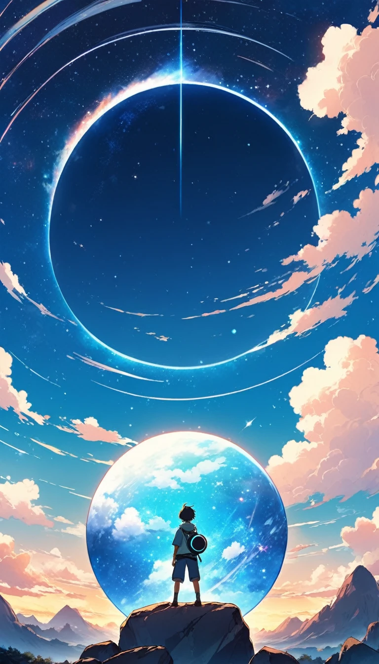 anime boy standing on a rock looking at a large circular object, makoto shinkai cyril rolando, anime clouds, anime sky, makoto shinkai. —h 2160, cosmic skies. by makoto shinkai, heaven planet in background, today's featured anime still, anime art wallpaper 8 k, makoto shinkai and bioware