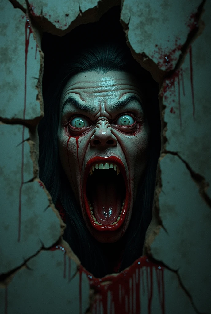 The inside of a house with a screaming bloody face coming out of the walls and ceiling, nightmare 