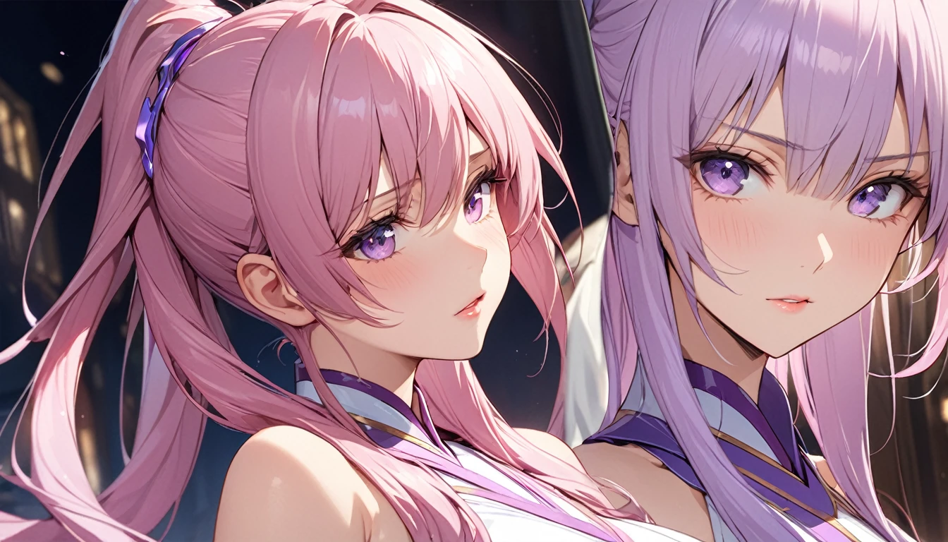 ((Highest quality)), ((masterpiece)), (detailed), （Perfect Face）、That woman is Lacus Clyne, I&#39;m just an ordinary Chinese woman with blue eyes., Pink Hair, And medium long hair, Wearing an engagement ring.