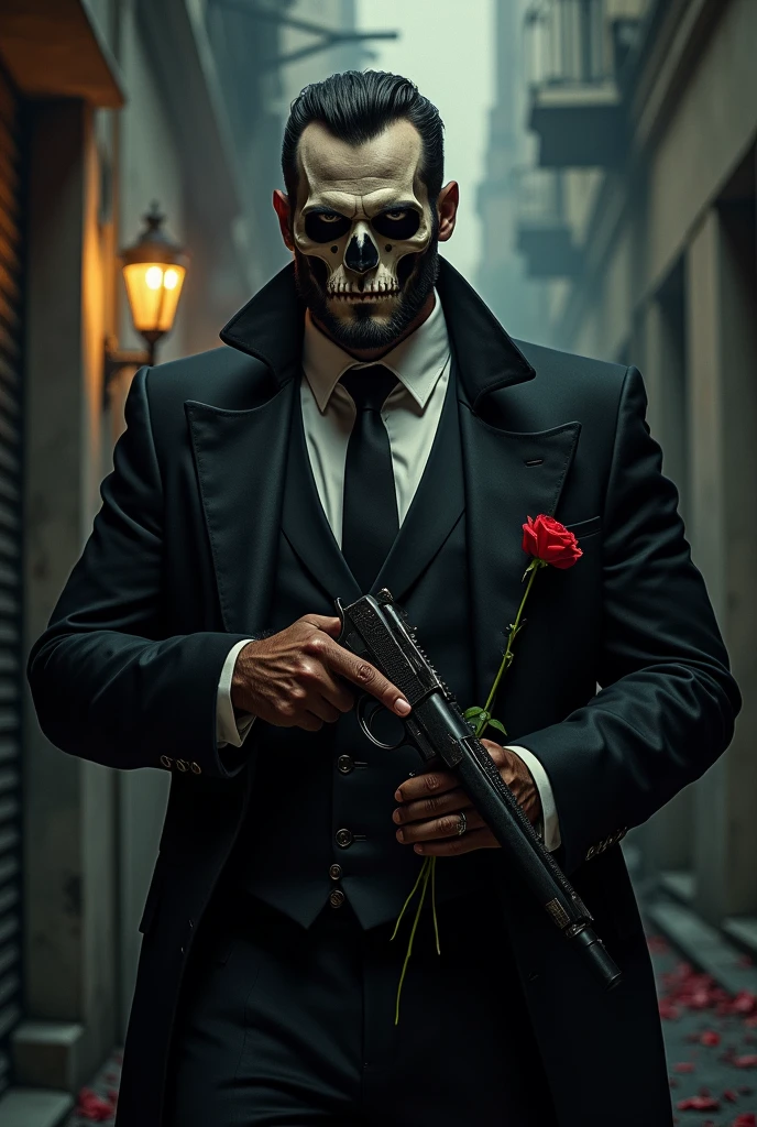 Skull with gun and rose cholo thug drug dealer elegant gentleman evil psychopath power ambition shooting