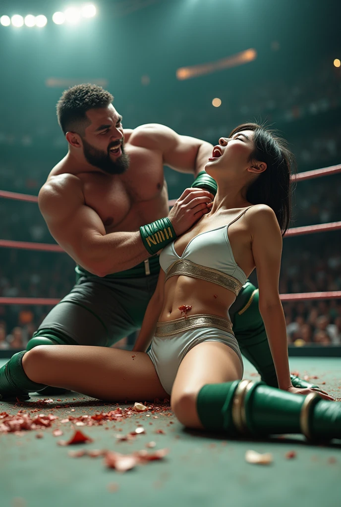 (8k, Realistic, RAW Photos, Highest quality: 1.4),A female wrestler is attacked by a large male wrestler in a professional wrestling ring。The female wrestler is a beautiful, slim Japanese woman aged 24.。Shiny very short hair。Her figure-hugging white and green outfit accentuates her large breasts.。She sits with her legs spread wide and cannot bear the pain, looking up to the sky and screaming.。The costume was torn to shreds by the violent attack.。
A male wrestler stomps hard on a female wrestler's groin with his big foot。